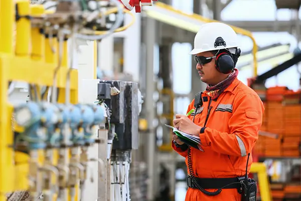Worker in safety gear using Motorola headset with microphone in industrial environment