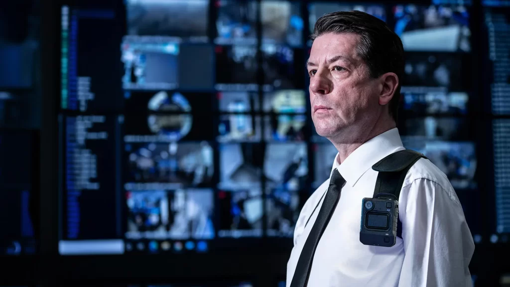 Person wearing a body camera in a security control room with multiple screens displaying video feeds and information.